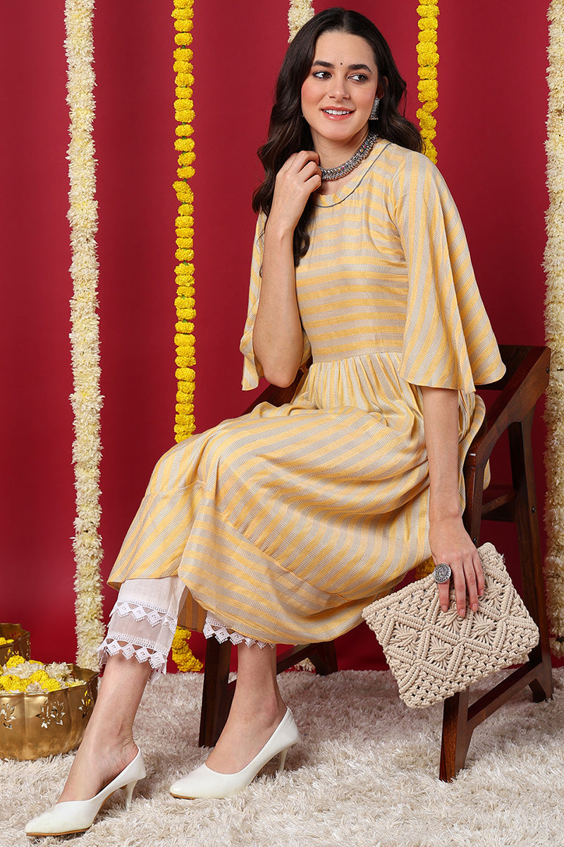 Yellow Striped A Line Kurta | SHOBITAM