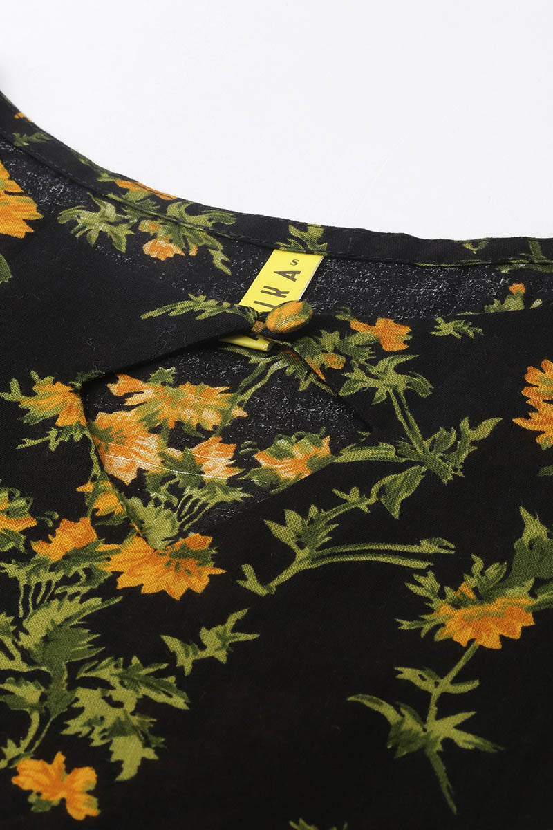 Women Black Floral Printed Keyhole Neck Kurta | SHOBITAM