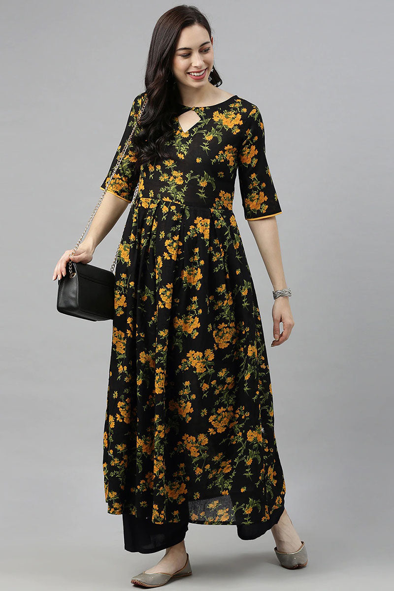 Women Black Floral Printed Keyhole Neck Kurta | SHOBITAM