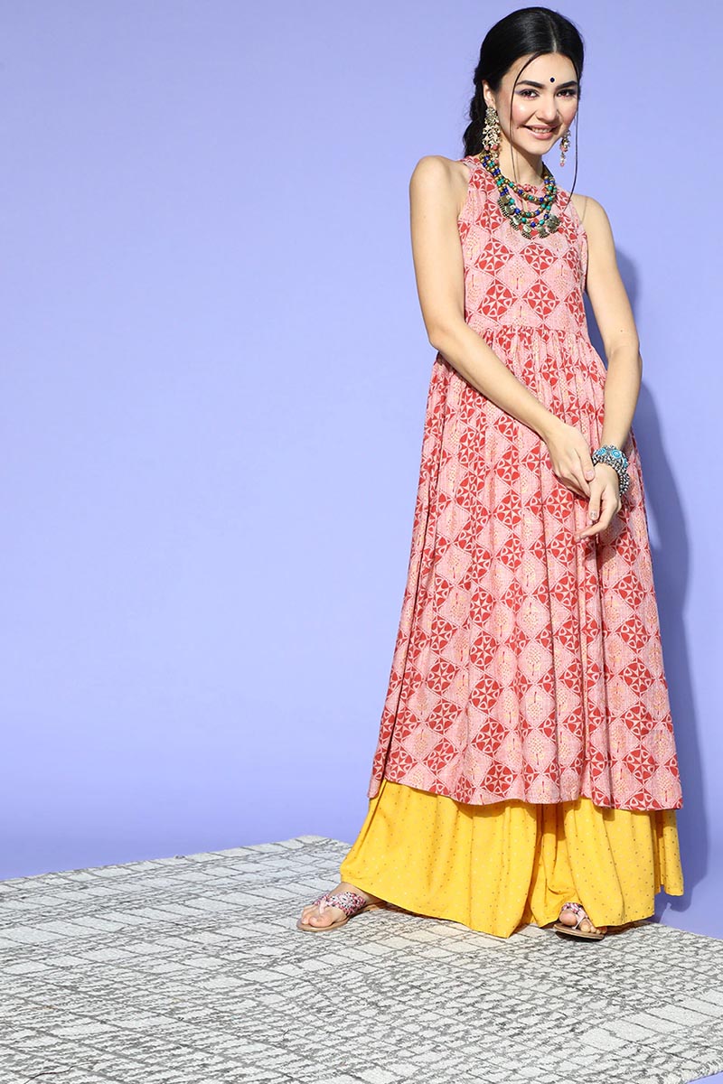 Women Pink Ethnic Motifs Printed Keyhole Neck Cotton Kurta | SHOBITAM