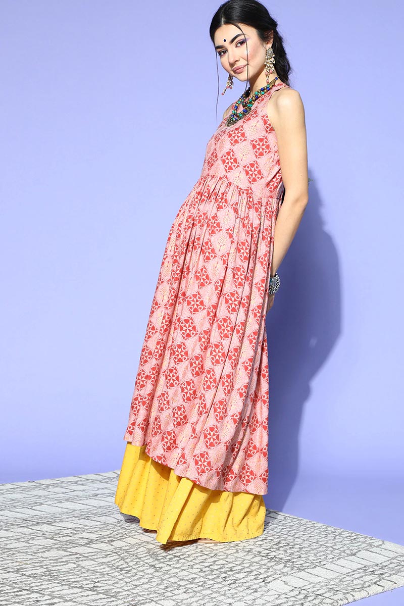 Women Pink Ethnic Motifs Printed Keyhole Neck Cotton Kurta | SHOBITAM