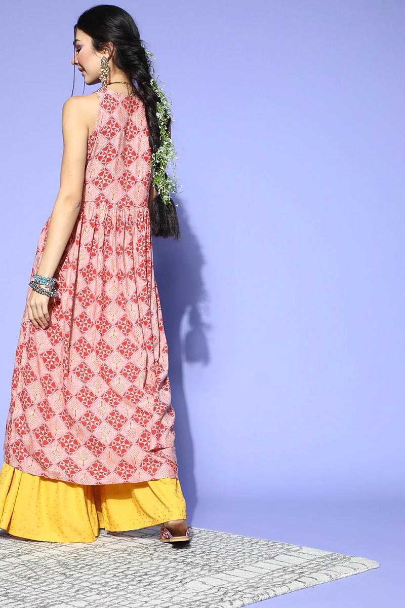 Women Pink Ethnic Motifs Printed Keyhole Neck Cotton Kurta | SHOBITAM