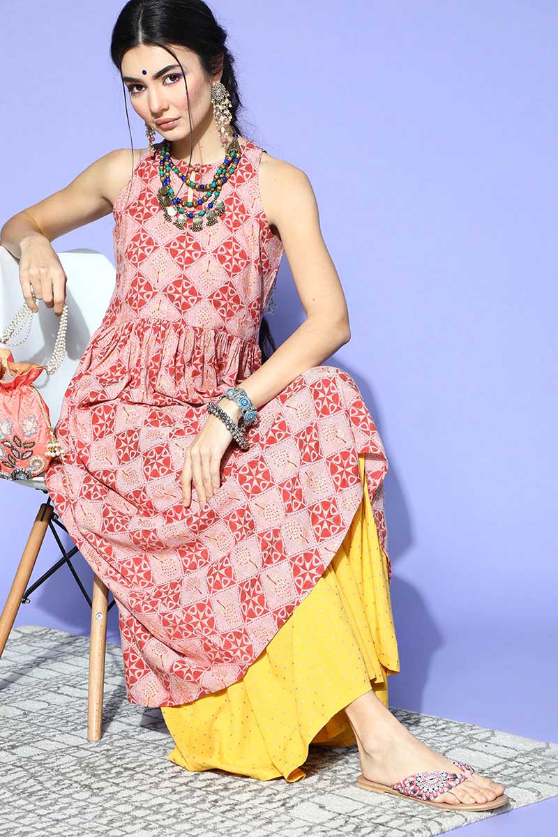 Women Pink Ethnic Motifs Printed Keyhole Neck Cotton Kurta | SHOBITAM