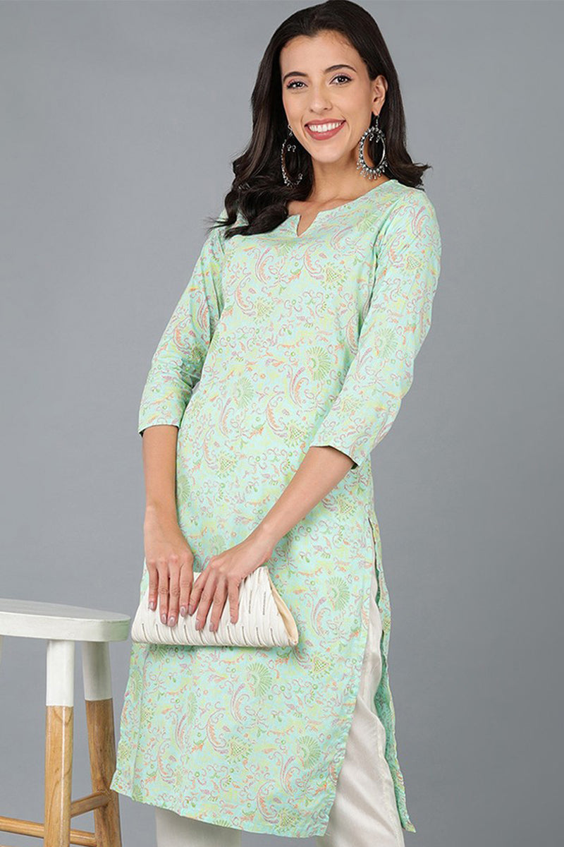 Turquoise Blue Cotton Printed Kurta | SHOBITAM
