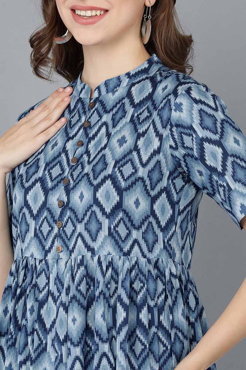 Women Blue Rayon Blend Geometric Printed | SHOBITAM