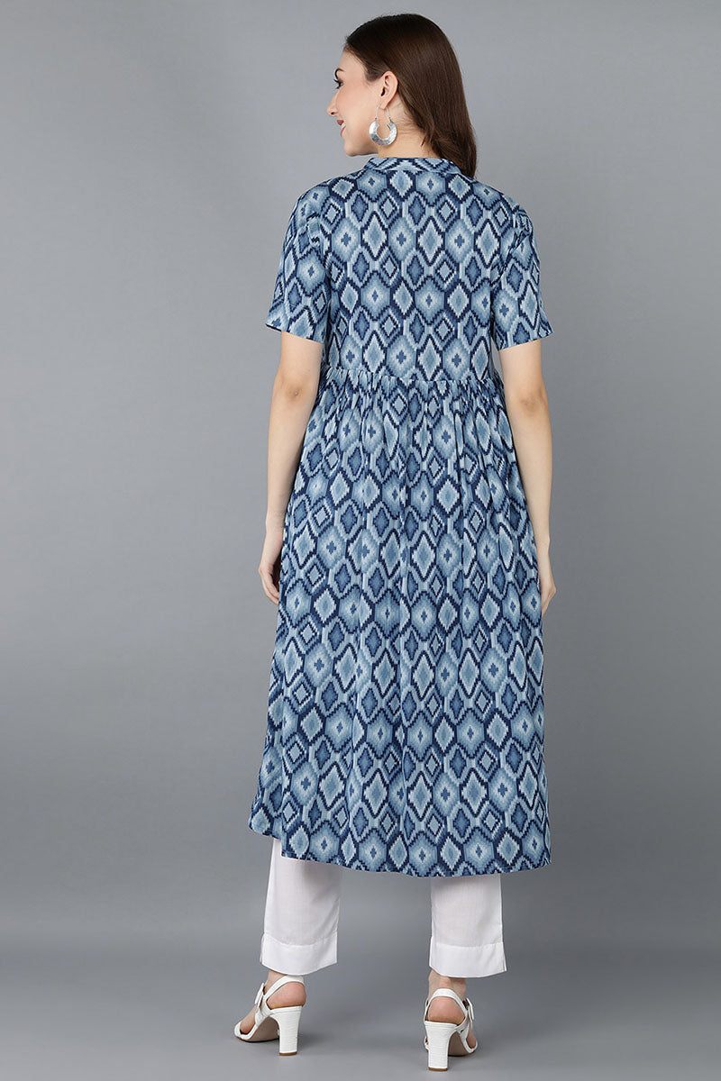Women Blue Rayon Blend Geometric Printed | SHOBITAM
