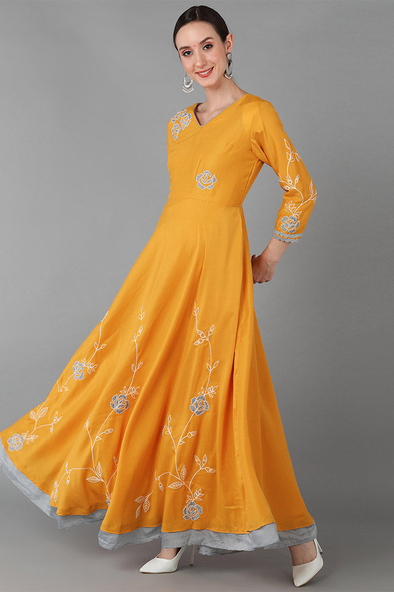 Mustard Silk Blend Flared Kurta With Dupatta | SHOBITAM