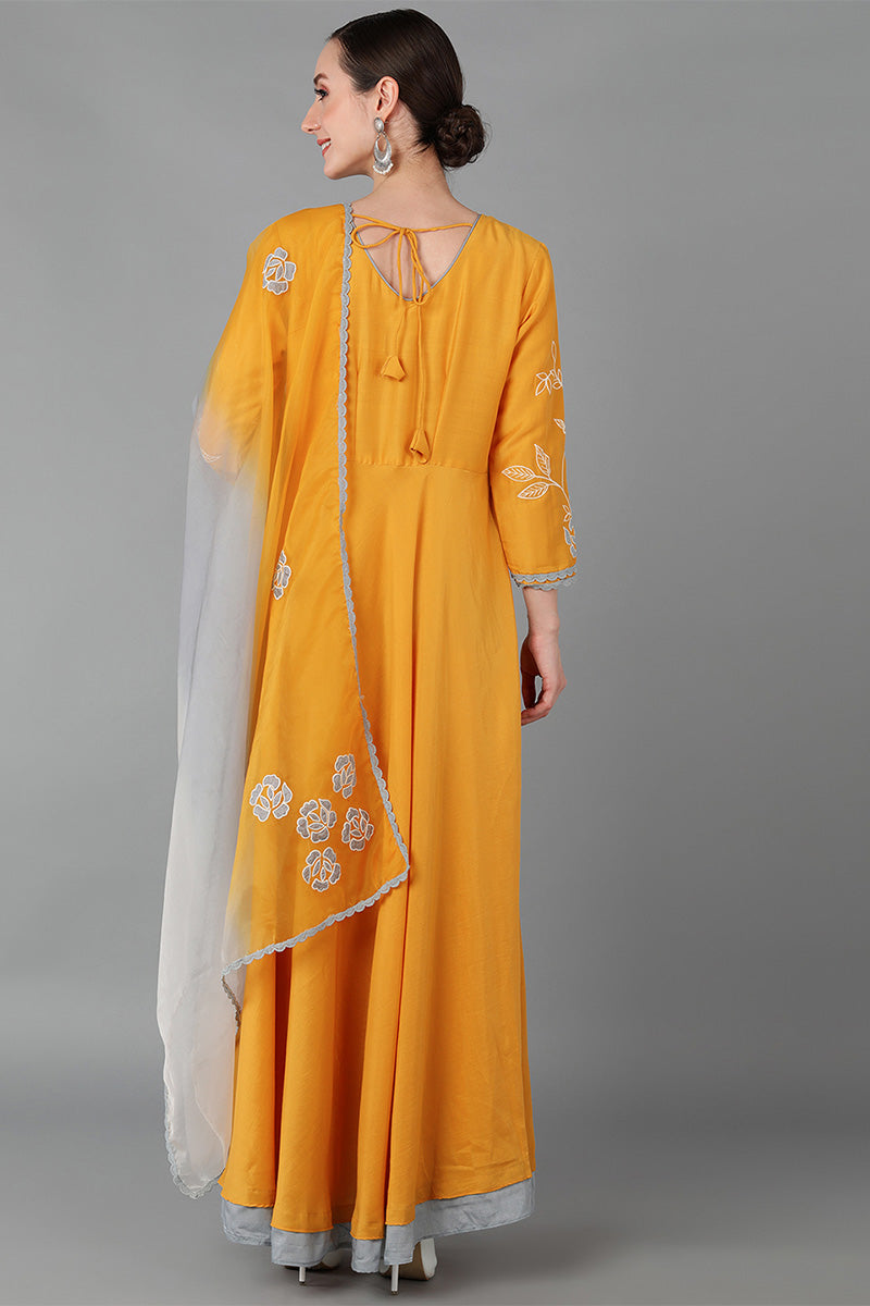 Mustard Silk Blend Flared Kurta With Dupatta | SHOBITAM