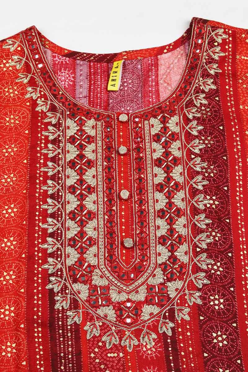 Red Viscose Rayon Geometric Embroidered Straight Kurta | SHOBITAM