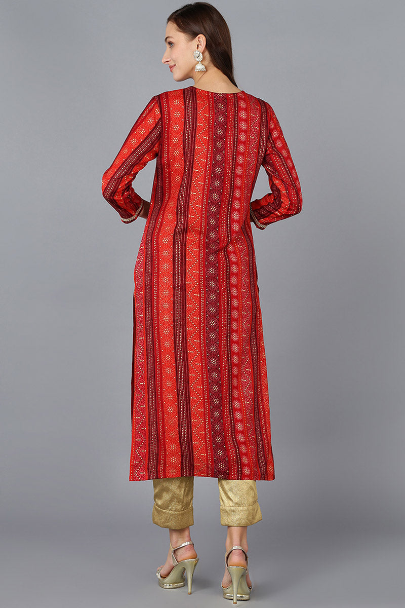Red Viscose Rayon Geometric Embroidered Straight Kurta | SHOBITAM