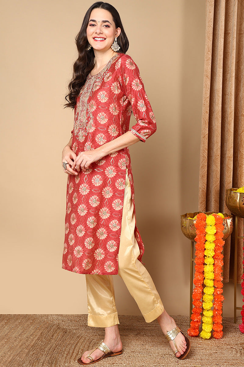 Rust Red Silk Blend Ethnic Motifs Printed Straight Kurta | SHOBITAM