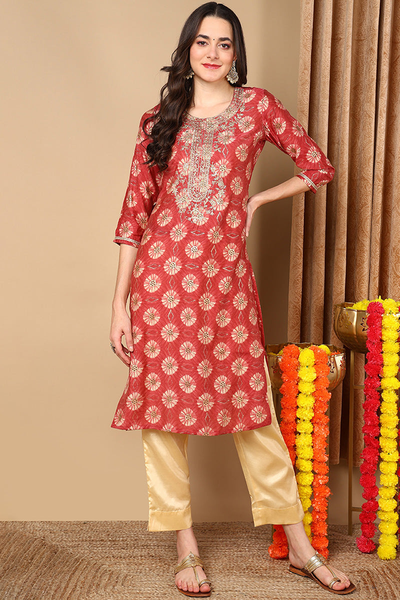 Rust Red Silk Blend Ethnic Motifs Printed Straight Kurta | SHOBITAM