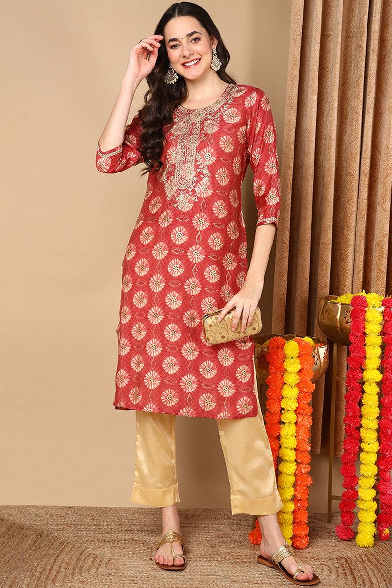 Rust Red Silk Blend Ethnic Motifs Printed Straight Kurta | SHOBITAM