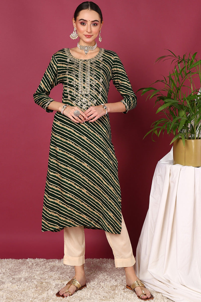 Green Viscose Rayon Leheriya Printed Straight Kurta | SHOBITAM