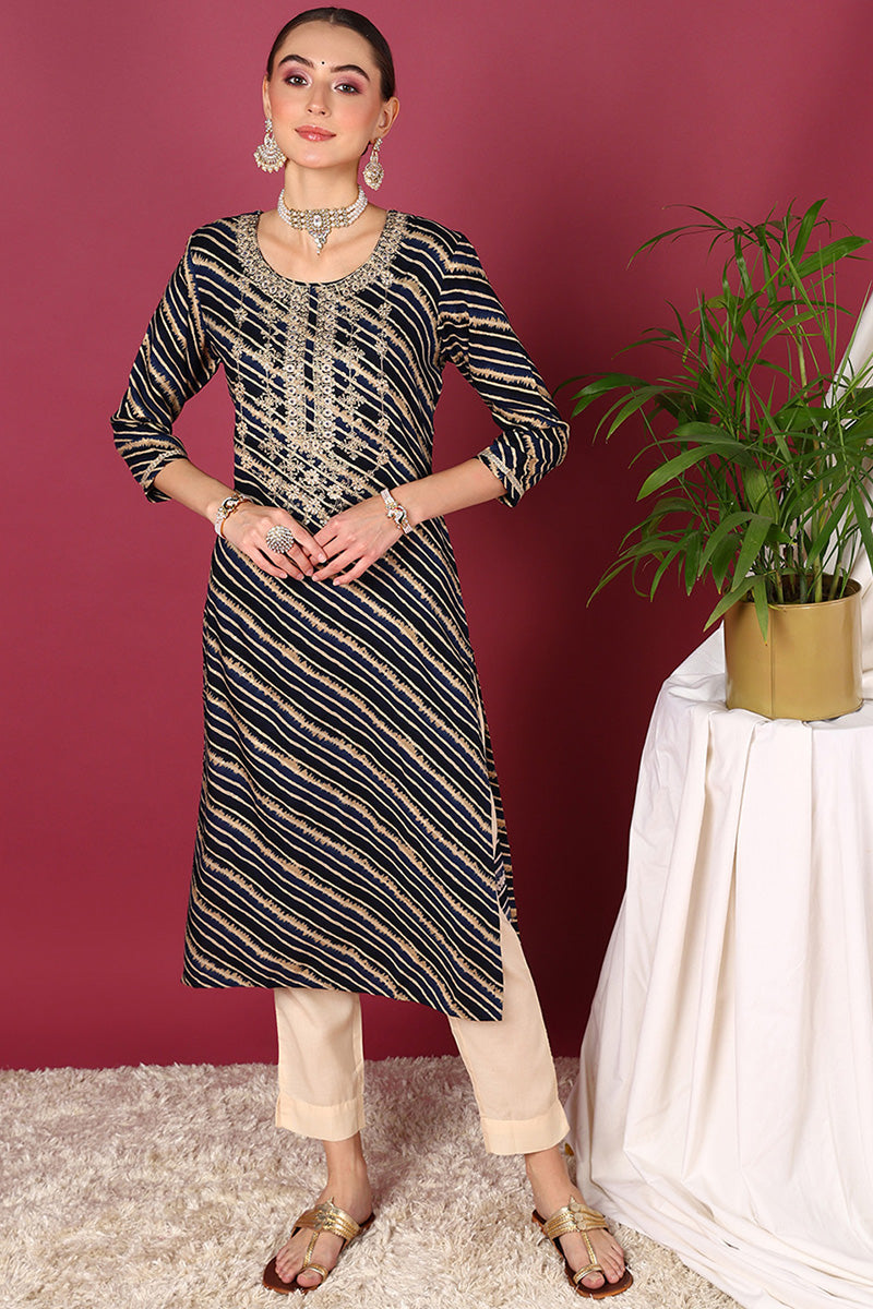 Navy Blue Viscose Rayon Leheriya Printed Straight Kurta | SHOBITAM