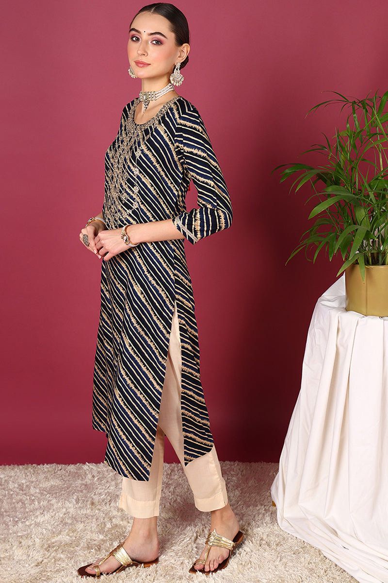 Navy Blue Viscose Rayon Leheriya Printed Straight Kurta | SHOBITAM