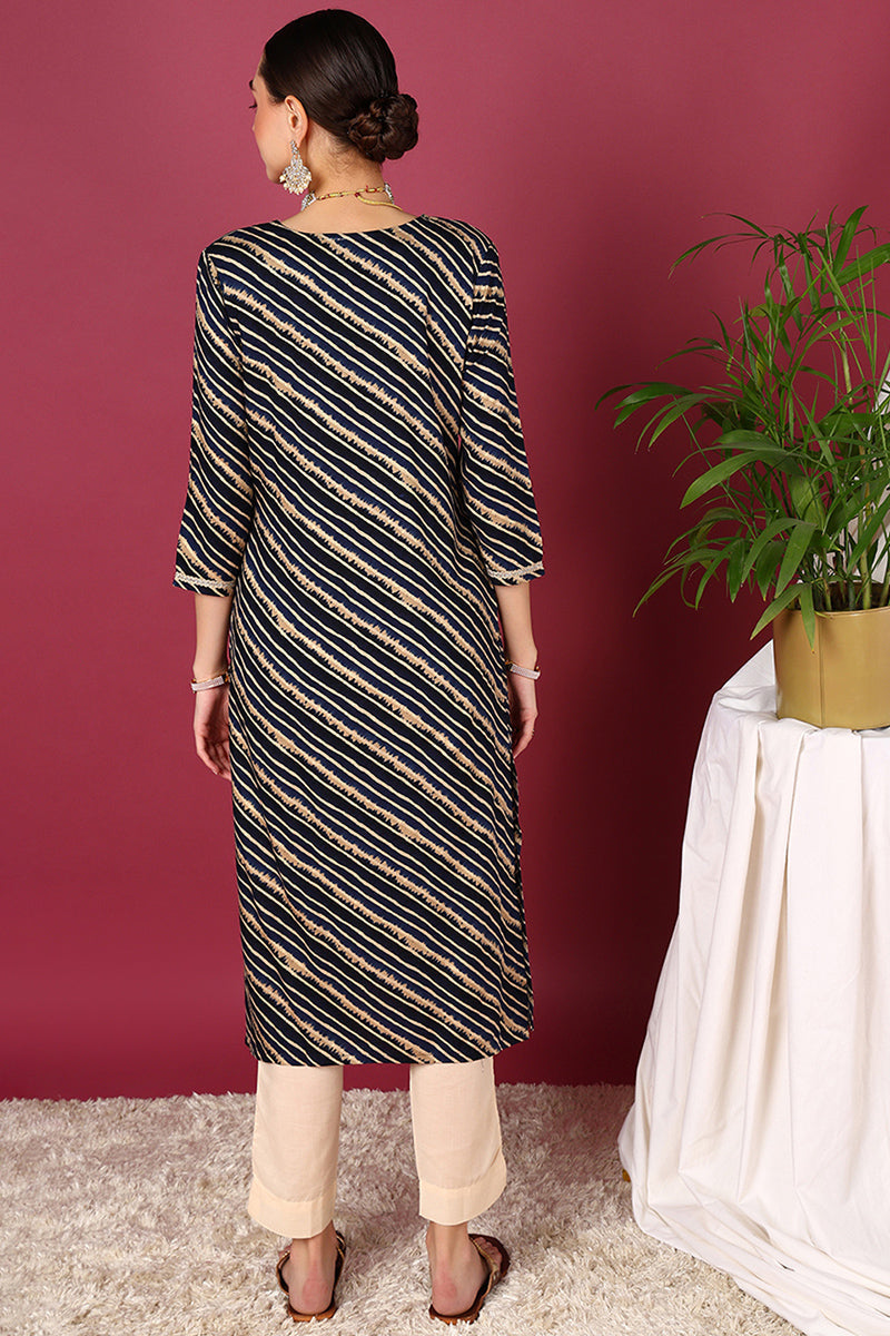 Navy Blue Viscose Rayon Leheriya Printed Straight Kurta | SHOBITAM