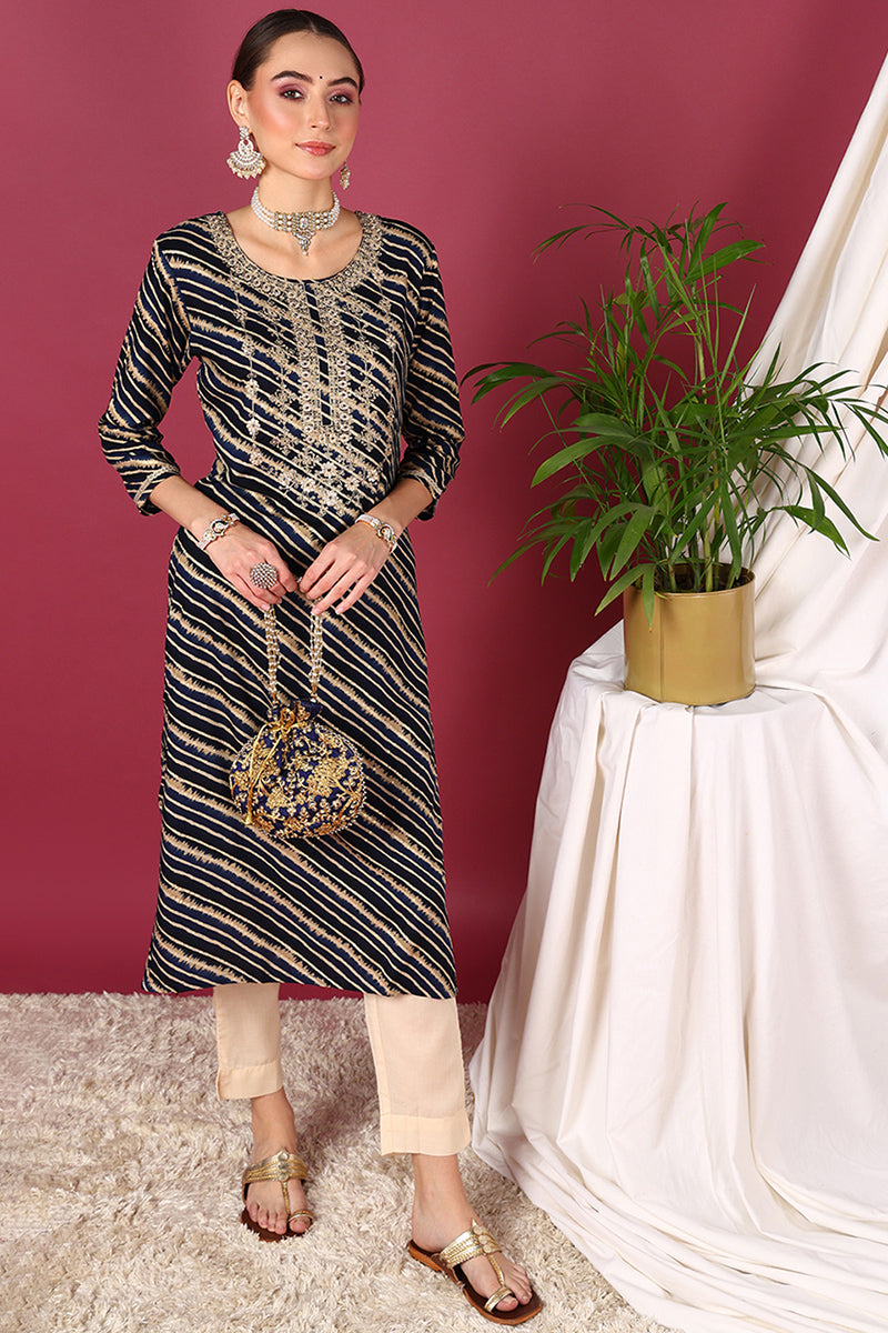 Navy Blue Viscose Rayon Leheriya Printed Straight Kurta | SHOBITAM