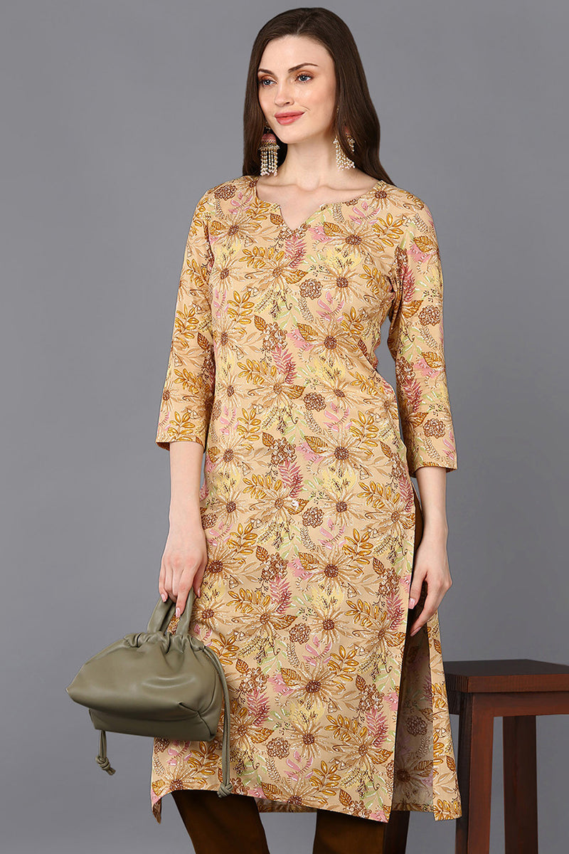 Yellow Viscose Rayon Floral Printed Straight Kurta | SHOBITAM