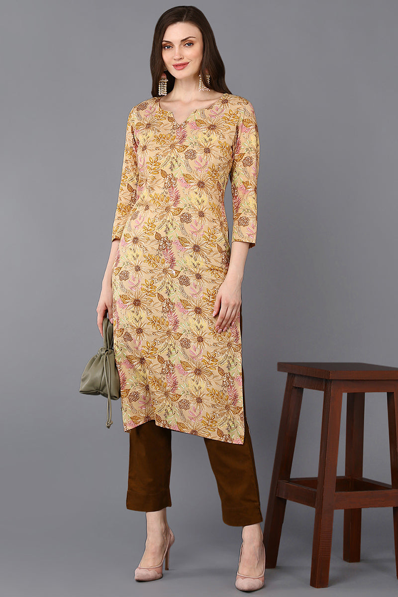 Yellow Viscose Rayon Floral Printed Straight Kurta | SHOBITAM