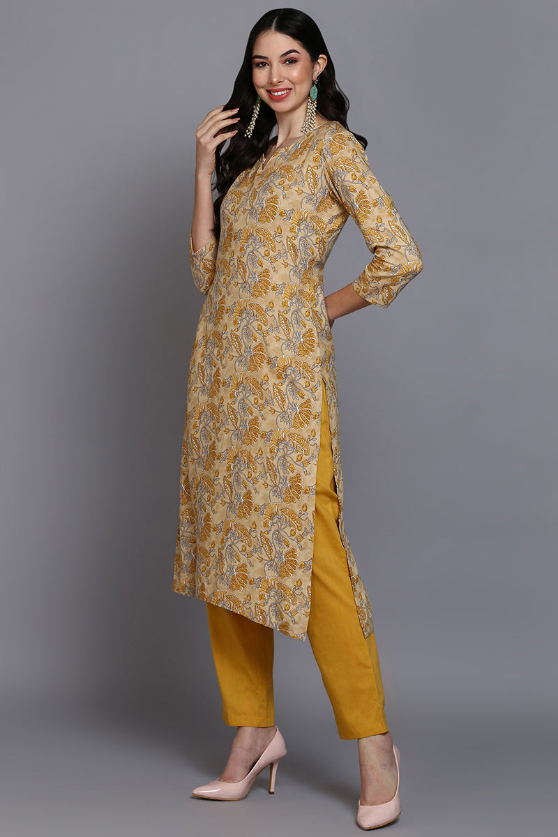 Viscose Rayon Yellow Floral Printed Straight Kurta | SHOBITAM