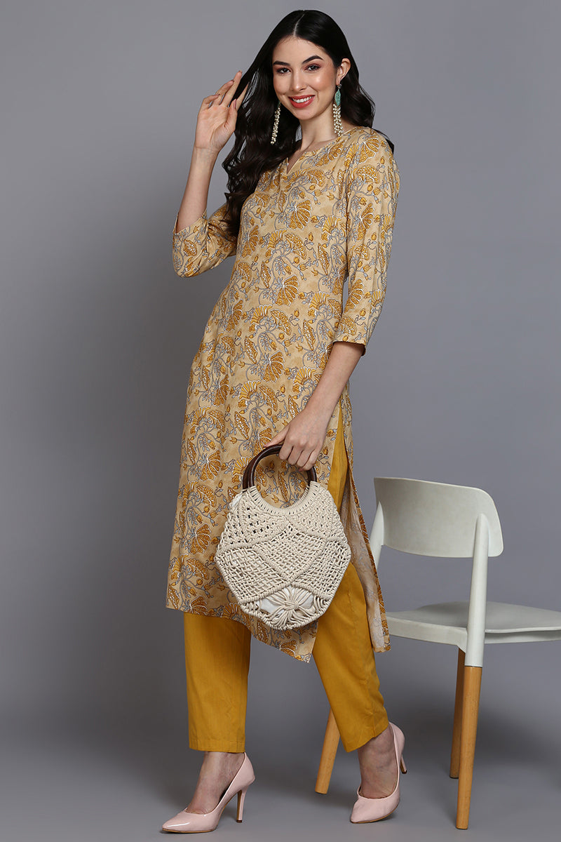 Viscose Rayon Yellow Floral Printed Straight Kurta | SHOBITAM