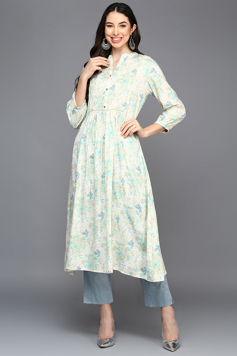 Off White Cotton Blend Ethnic Motifs A-Line Kurta |SHOBITAM