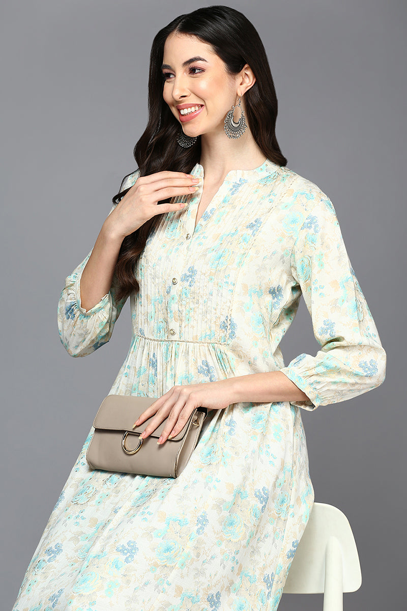 Off White Cotton Blend Ethnic Motifs A-Line Kurta |SHOBITAM