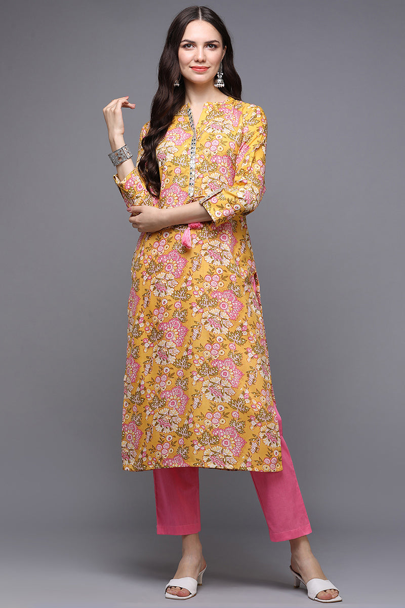 Yellow Cotton Blend Floral Straight Kurta | SHOBITAM