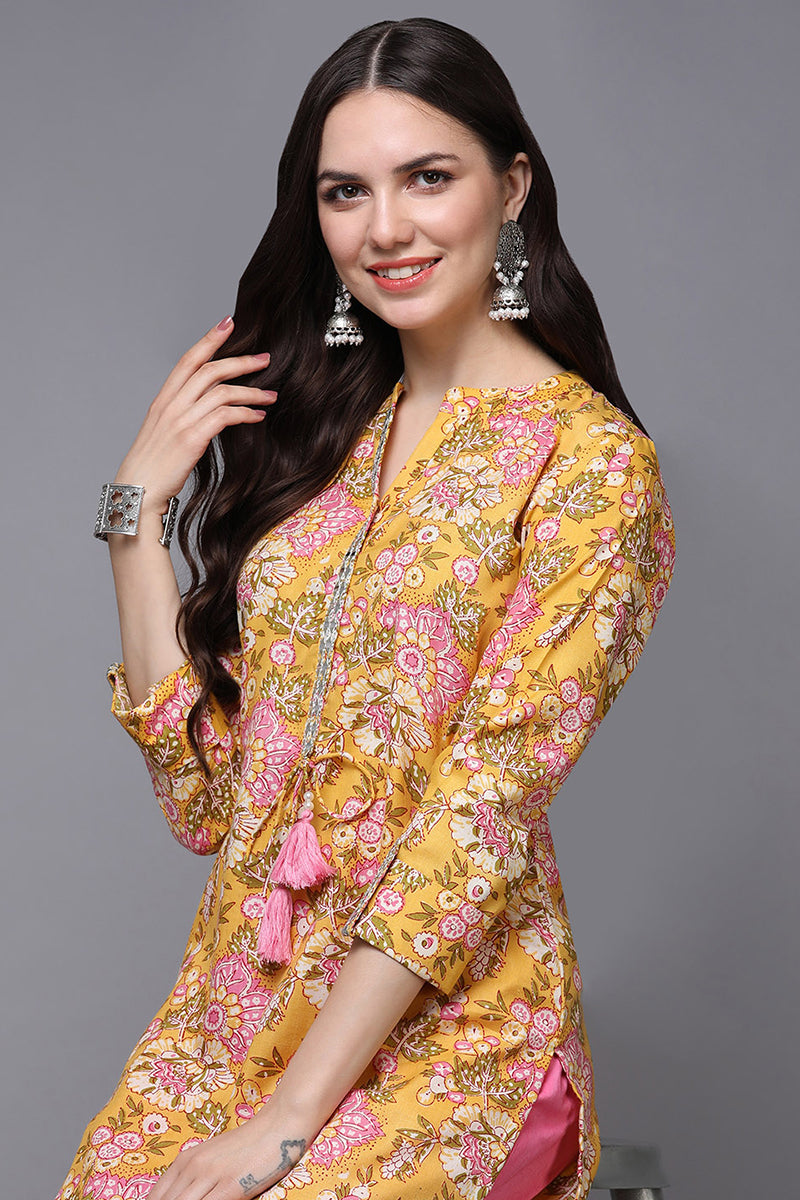 Yellow Cotton Blend Floral Straight Kurta | SHOBITAM