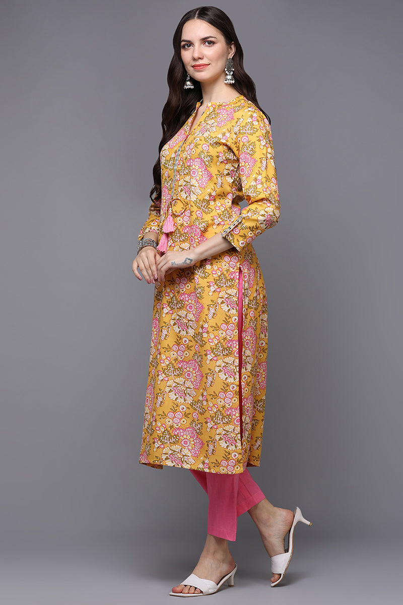Yellow Cotton Blend Floral Straight Kurta | SHOBITAM