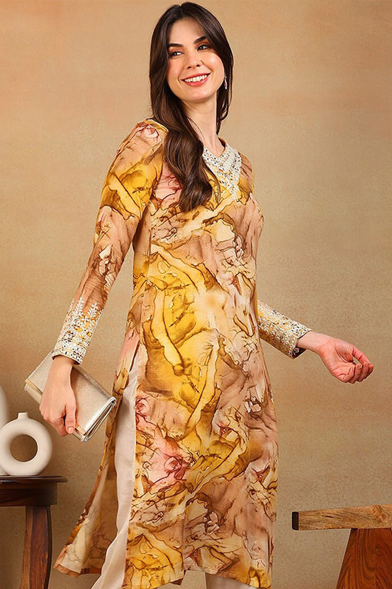 Mustard Yellow Viscose Rayon Tie and Dye Printed Straight Kurta | shobitam