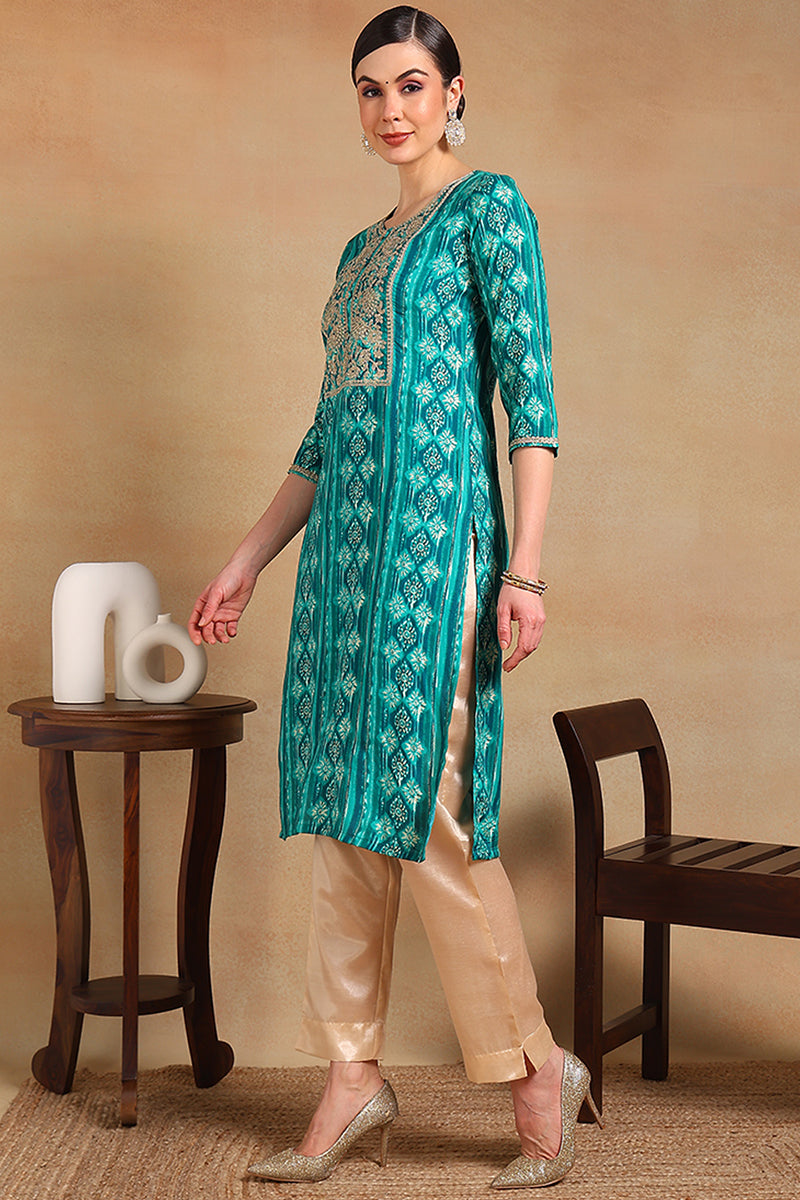 Turquoise Blue Viscose Rayon Ethnic Motifs Printed Straight Kurta | SHOBITAM