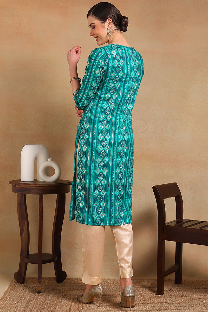 Turquoise Blue Viscose Rayon Ethnic Motifs Printed Straight Kurta | SHOBITAM