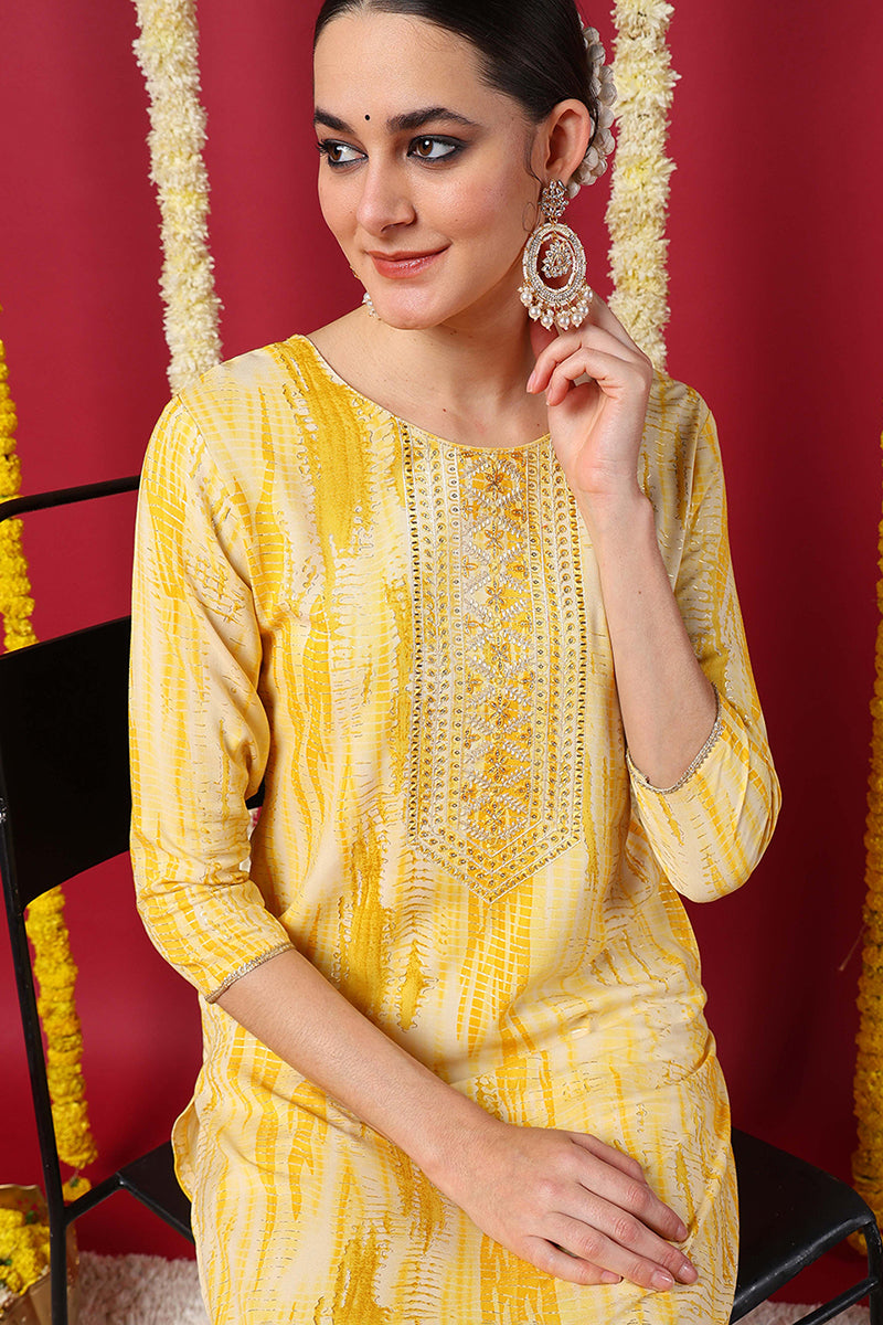 Yellow Viscose Rayon Abstract Printed Straight Kurta | SHOBITAM