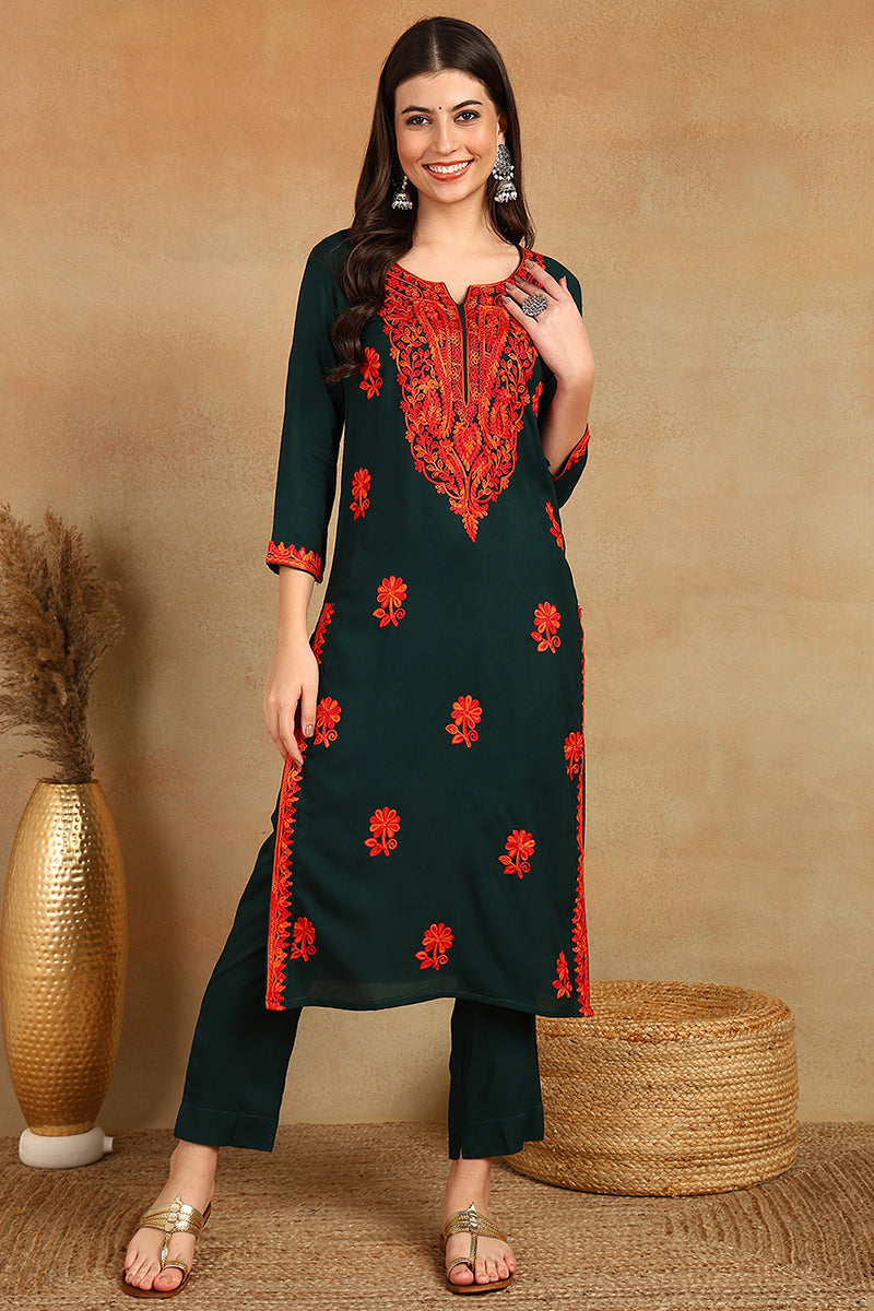 Green Embroidered Viscose Rayon Straight Cut Kurta | SHOBITAM