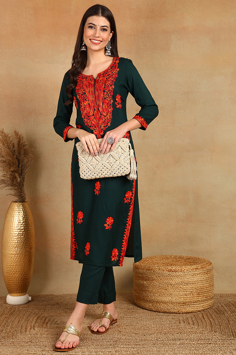 Green Embroidered Viscose Rayon Straight Cut Kurta | SHOBITAM
