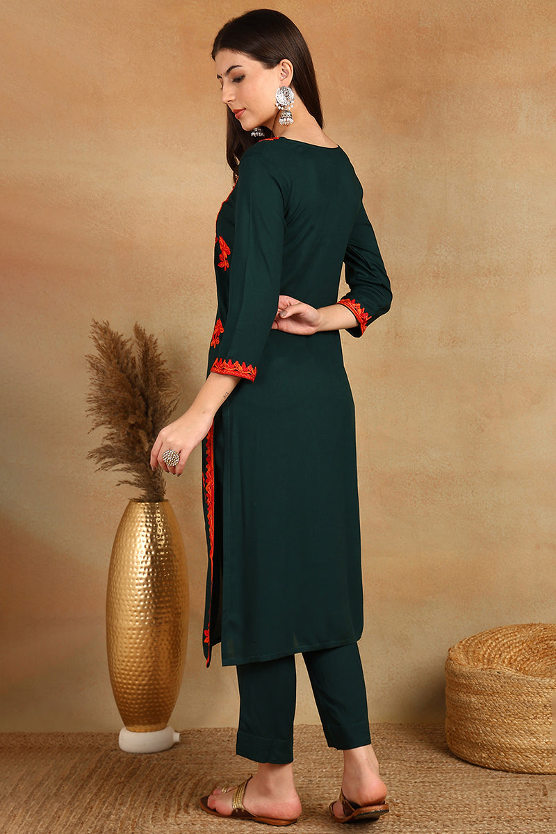 Green Embroidered Viscose Rayon Straight Cut Kurta | SHOBITAM