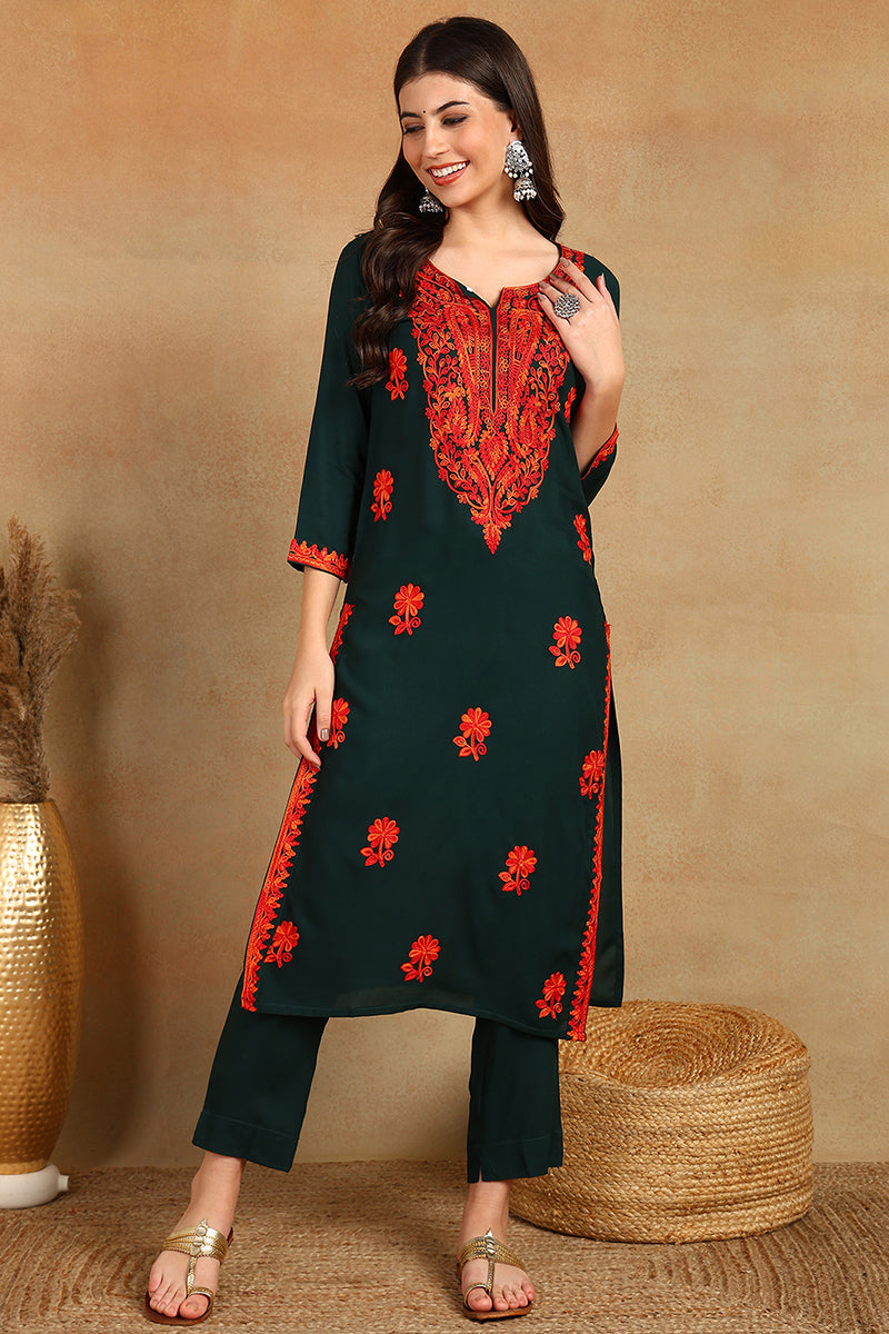 Green Embroidered Viscose Rayon Straight Cut Kurta | SHOBITAM