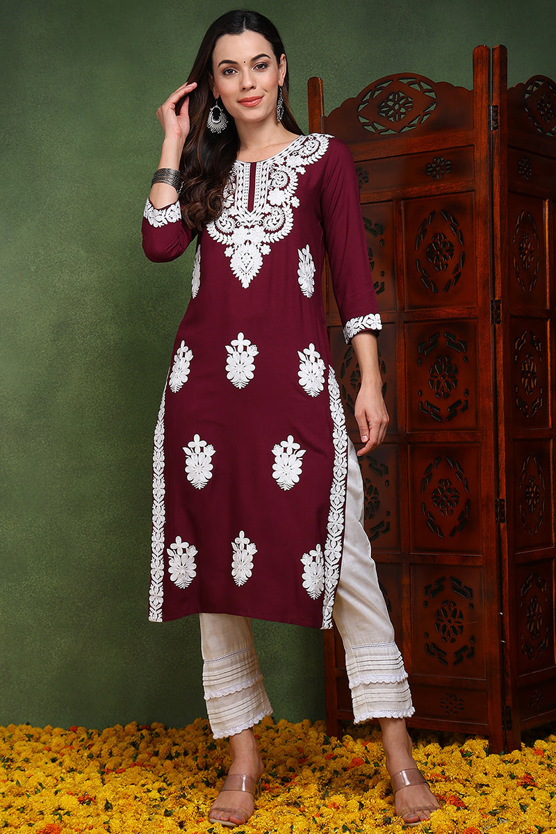 Burgundy Viscose Rayon Solid Embroidered Chikankari Straight Kurta | SHOBITAM
