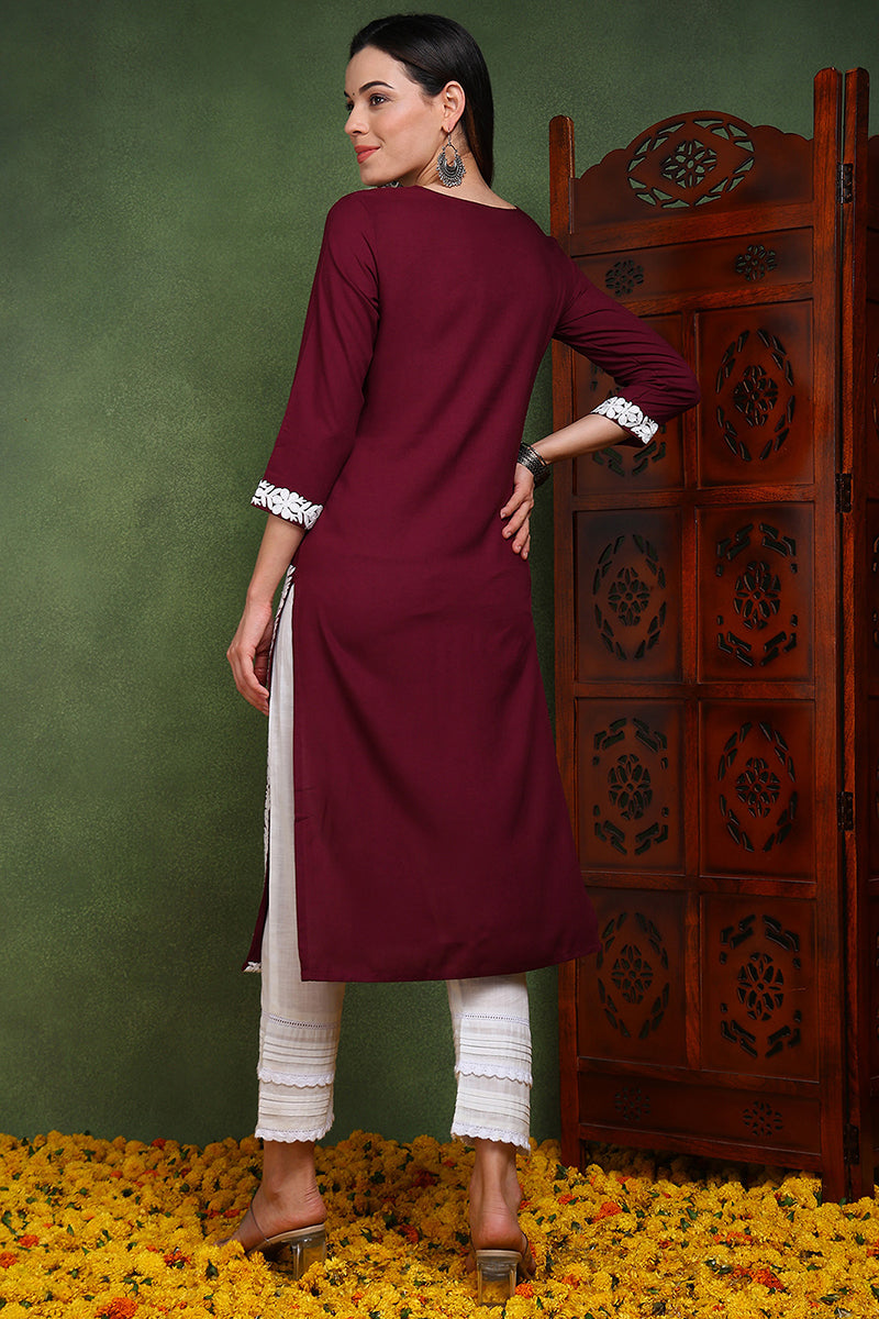 Burgundy Viscose Rayon Solid Embroidered Chikankari Straight Kurta | SHOBITAM