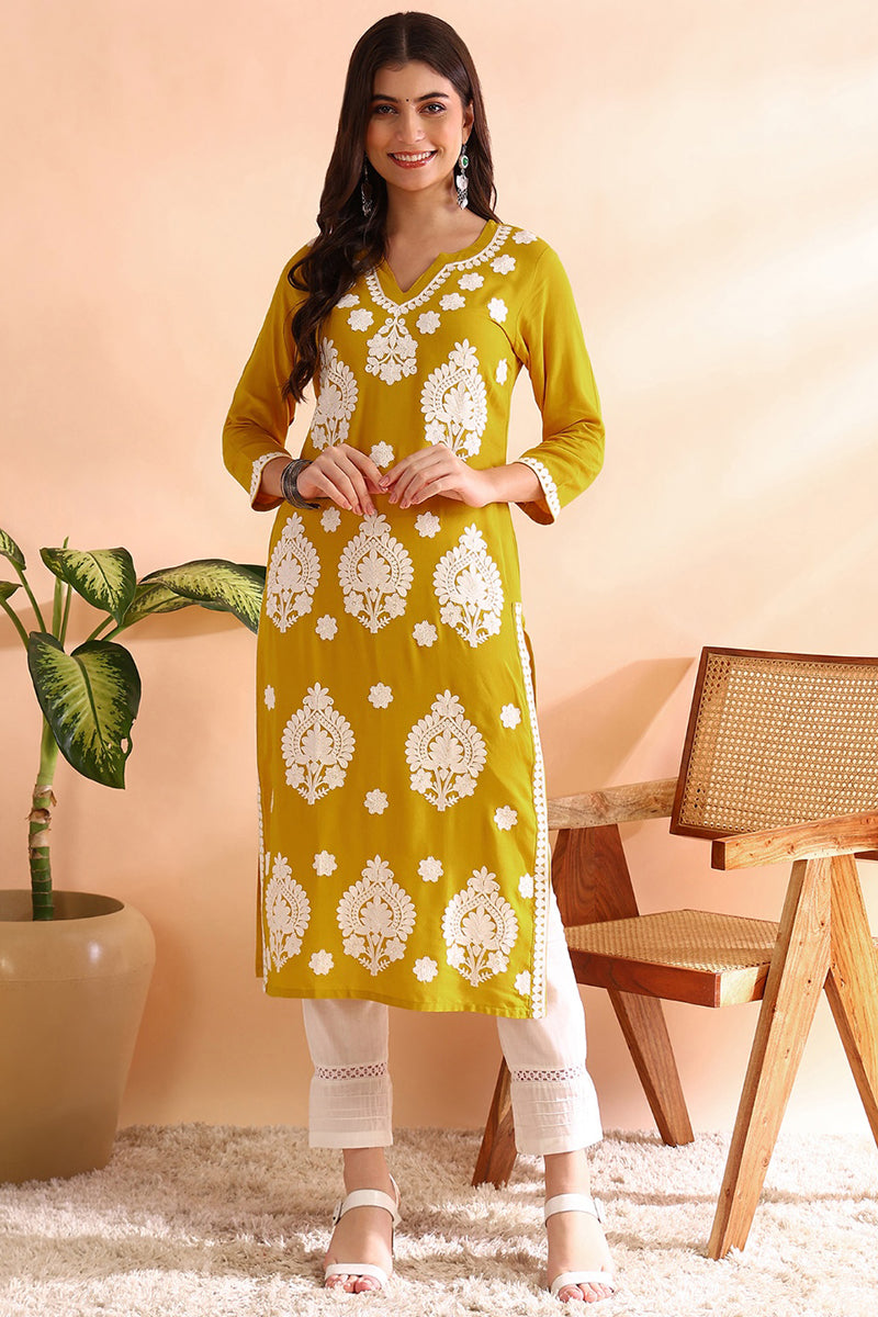 Mustard Yellow Viscose Rayon Solid Embroidered Straight Kurta |SHOBITAM
