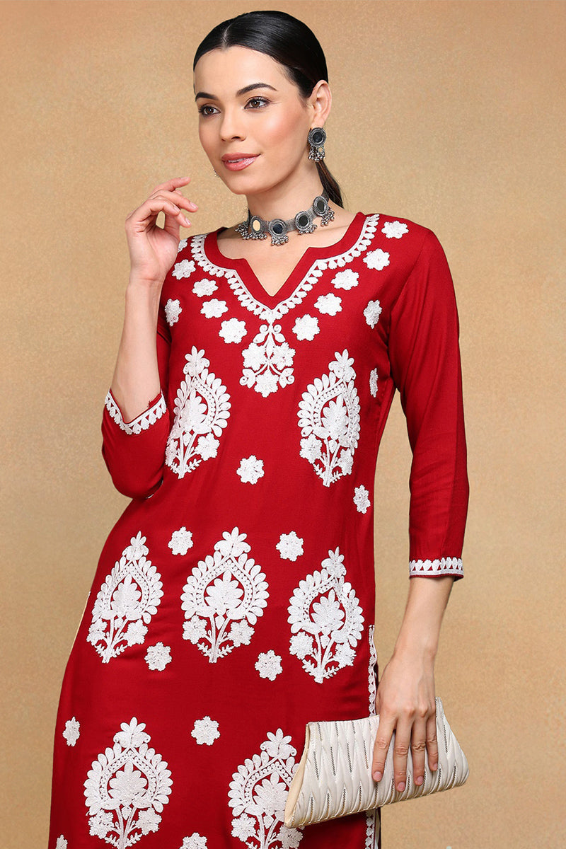 Maroon Viscose Rayon Solid Embroidered Straight Kurta | SHOBITAM