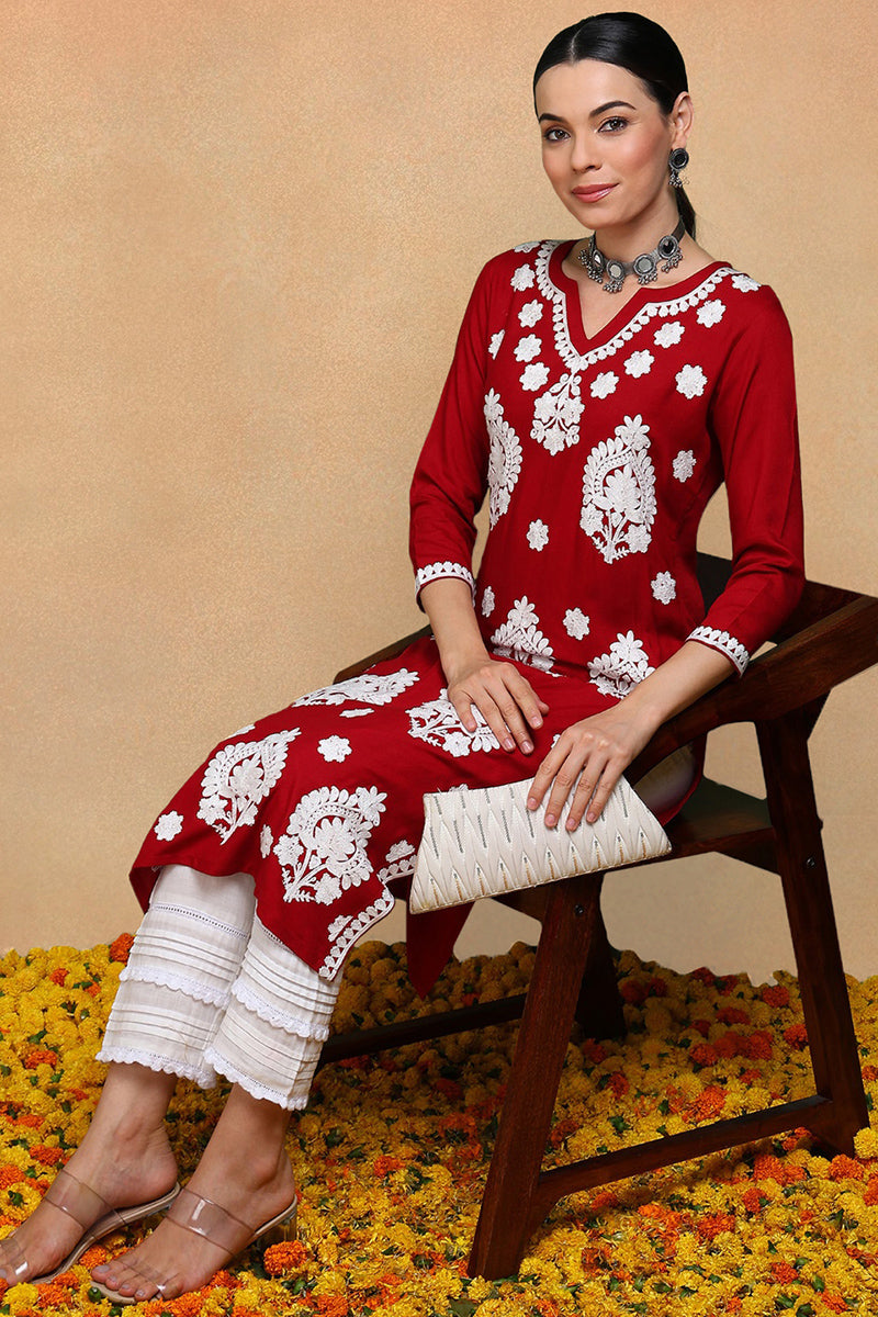 Maroon Viscose Rayon Solid Embroidered Straight Kurta | SHOBITAM