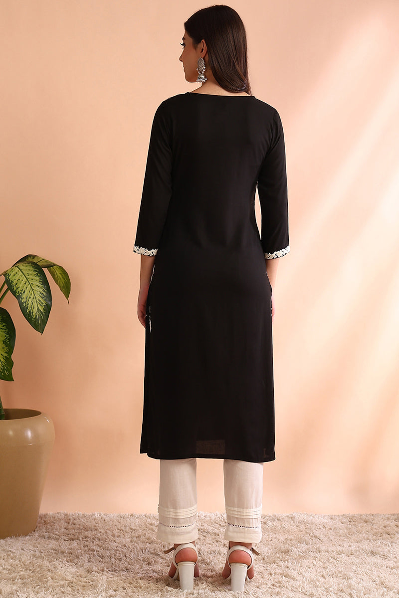Black Viscose Rayon Solid Embroidered Straight Kurta | SHOBITAM