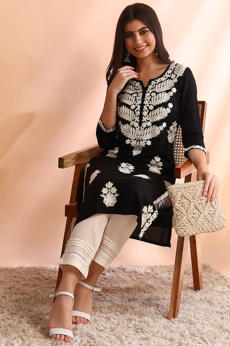 Black Viscose Rayon Solid Embroidered Straight Kurta | SHOBITAM