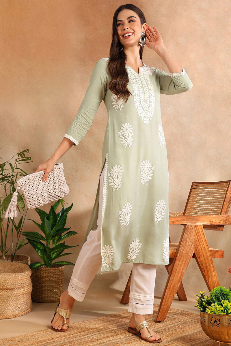 Green Viscose Rayon Solid Embroidered Chikankari Straight Kurta | SHOBITAM