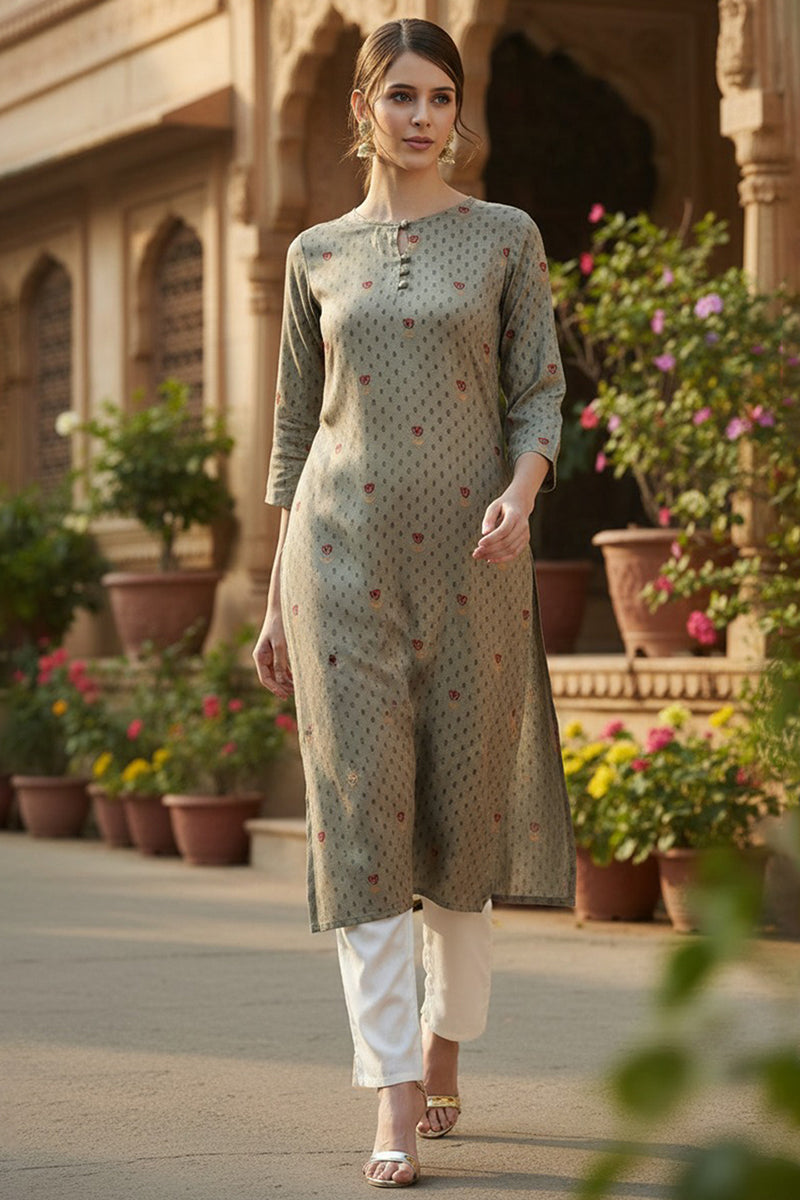 Olive Viscose Rayon Solid Printed Straight Kurta | SHOBITAM