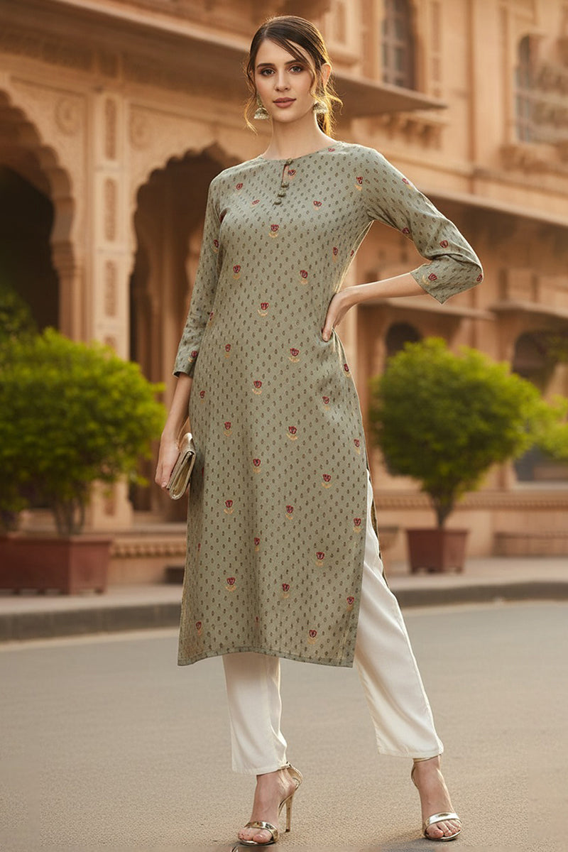 Olive Viscose Rayon Solid Printed Straight Kurta | SHOBITAM