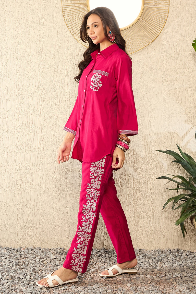 Pink Silk Blend Solid Embroidered Regular Coord Sets | SHOBITAM